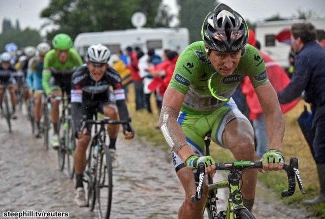 Cannondale team rider Peter Sagan of Slovakia leads a group of riders during the 155.5 km fifth stage of the Tour de France cycling race